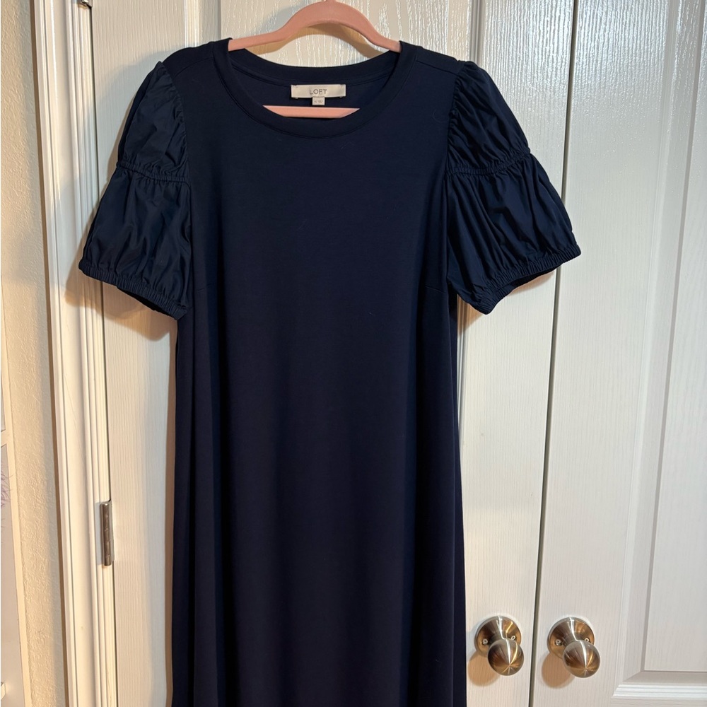 LOFT Midnight Blue Midi Dress with Puff Sleeves
